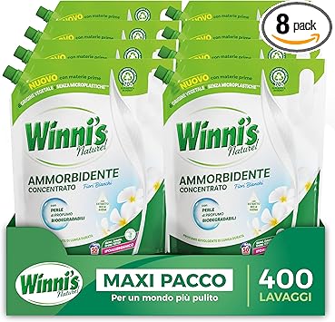 Winni's - Suavizante para lavadora, hipoalergénico, concentrado ecológico, 400 lavados, fragancia flores blancas, con perlas de perfume biodegradables, 1250 ml x 8 paquetes